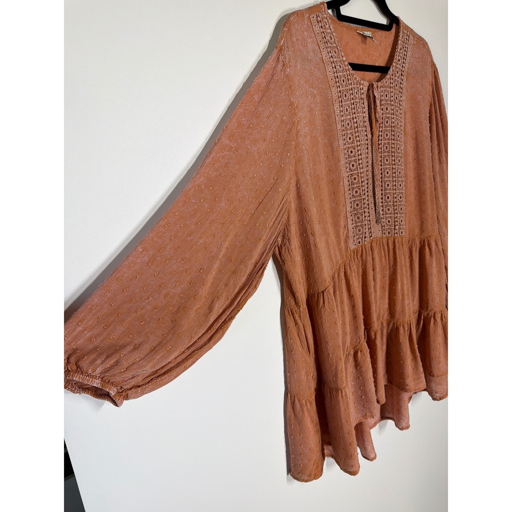 Cato XL Terracotta Boho Crochet Lace Trim Swiss Dot Tiered Ruffle Tunic Top - Picture 4 of 10